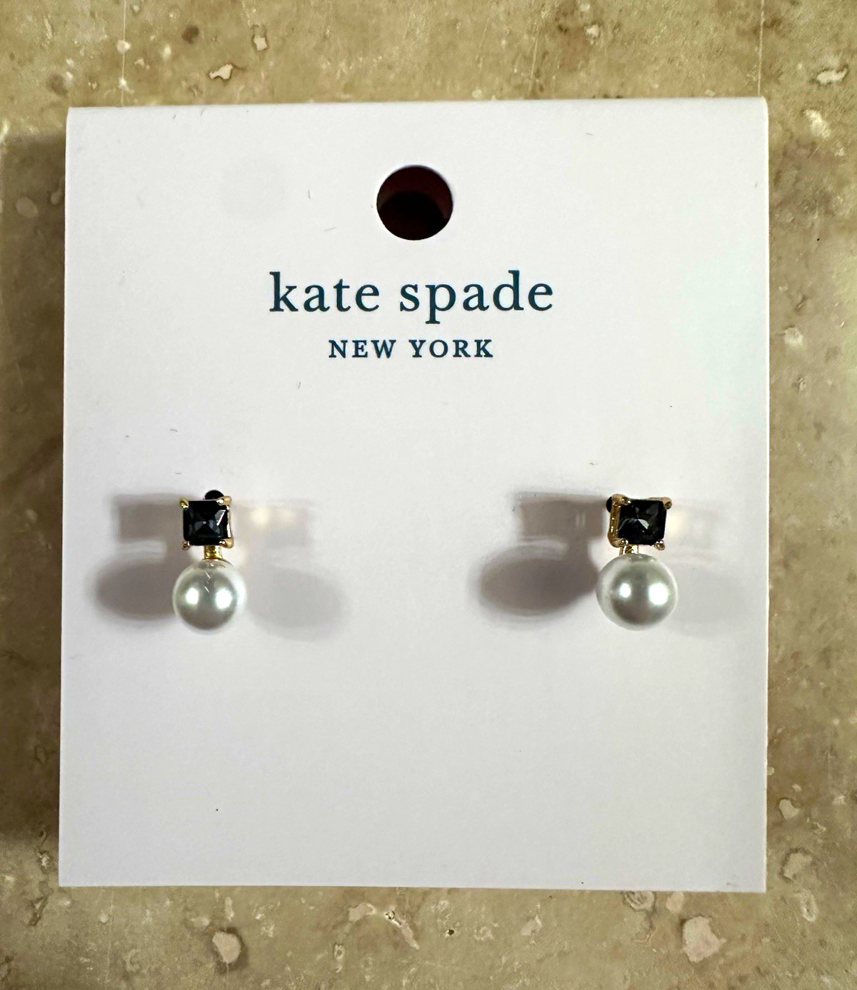 Kate Spade Stud Earrings – Pearl & Black Gem in Gold Setting