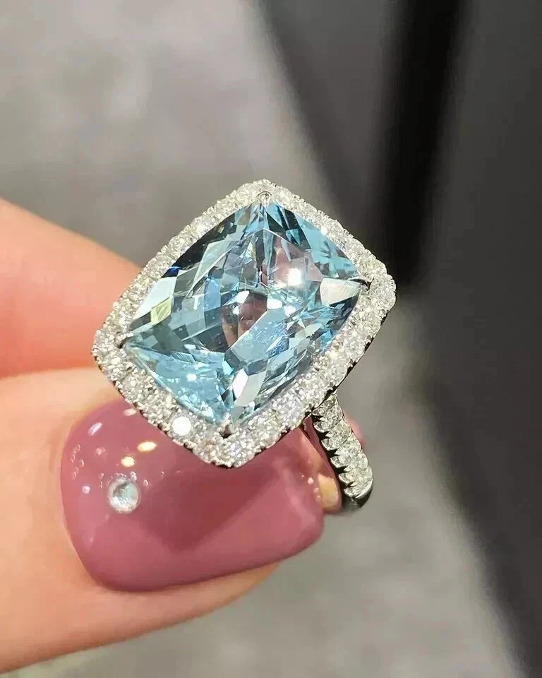5.20 Ct Cushion Cut Natural Aquamarine &Diamond Real 14K White Gold Luxury Ring