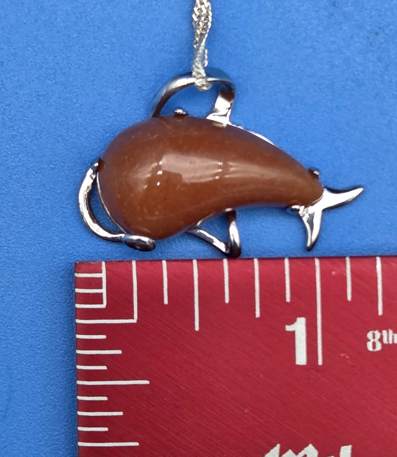 VTG 925 Sterling Silver Dolphin Pendant Necklace Natural Red Jasper 18″ Box 7g.