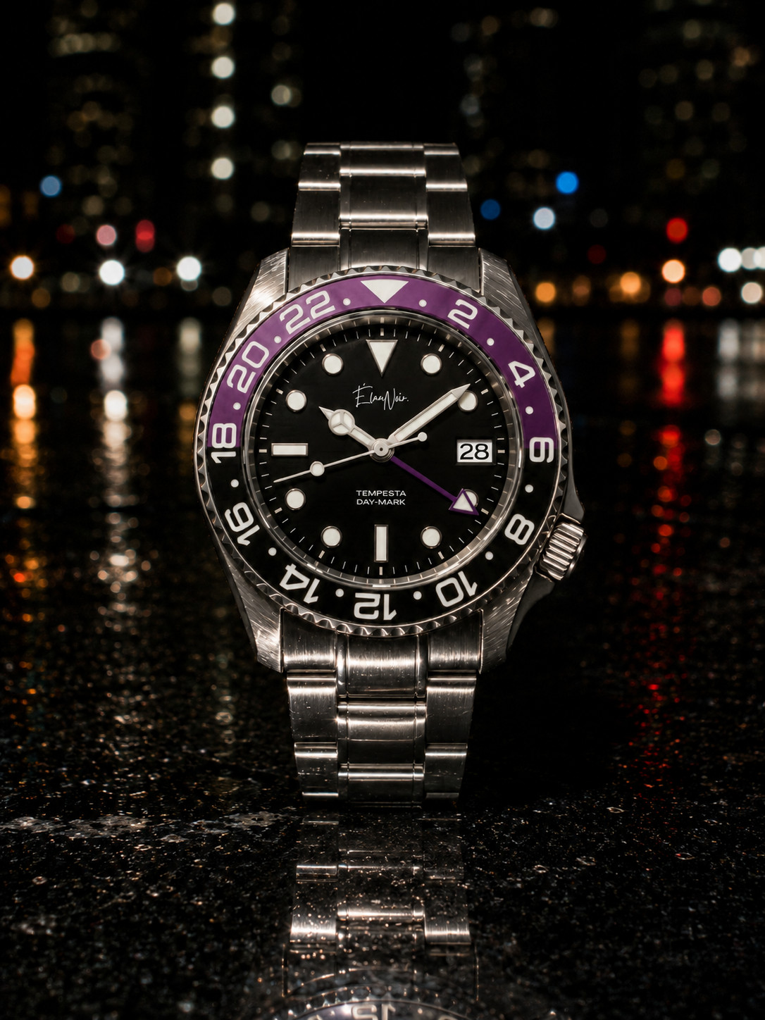 Custom Élan Noir Tempesta GMT Automatic Watch 41mm Steel Black Dial Purple Bezel