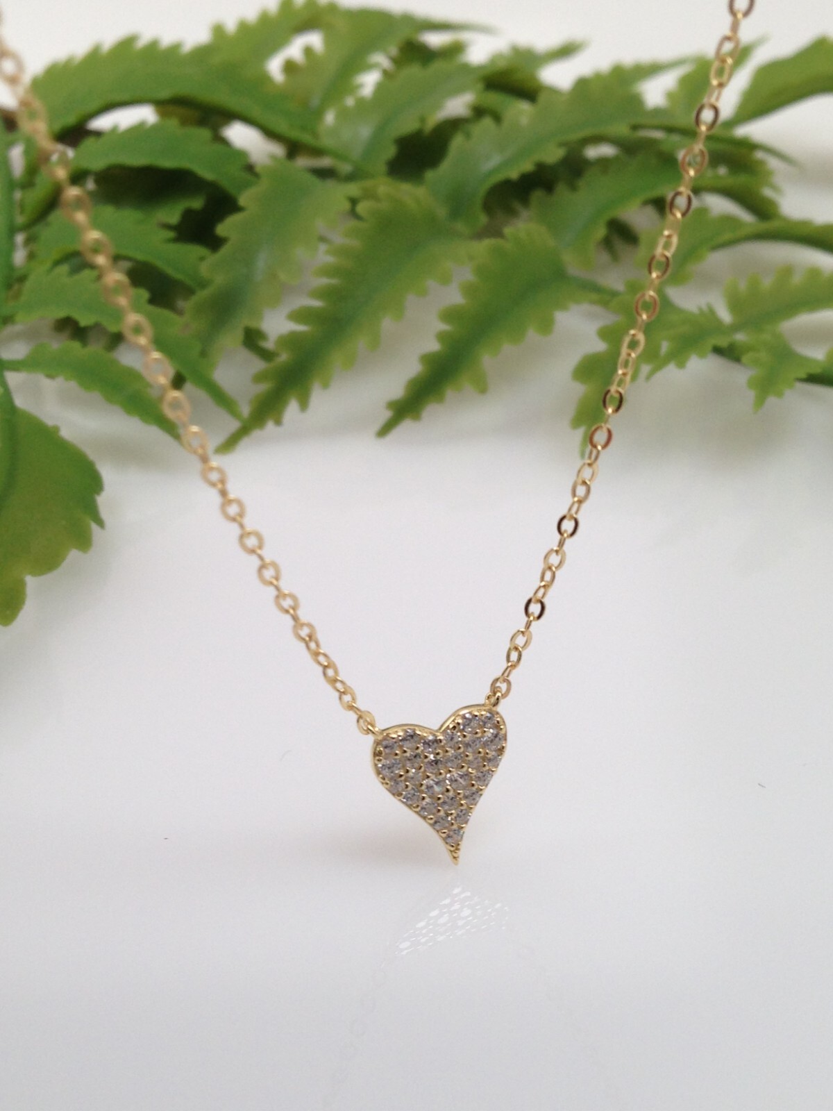 Gold Pave Cz Heart Necklace 925 Sterling Silver Pendant 9mm(0.35″) 17.75″ Tiny
