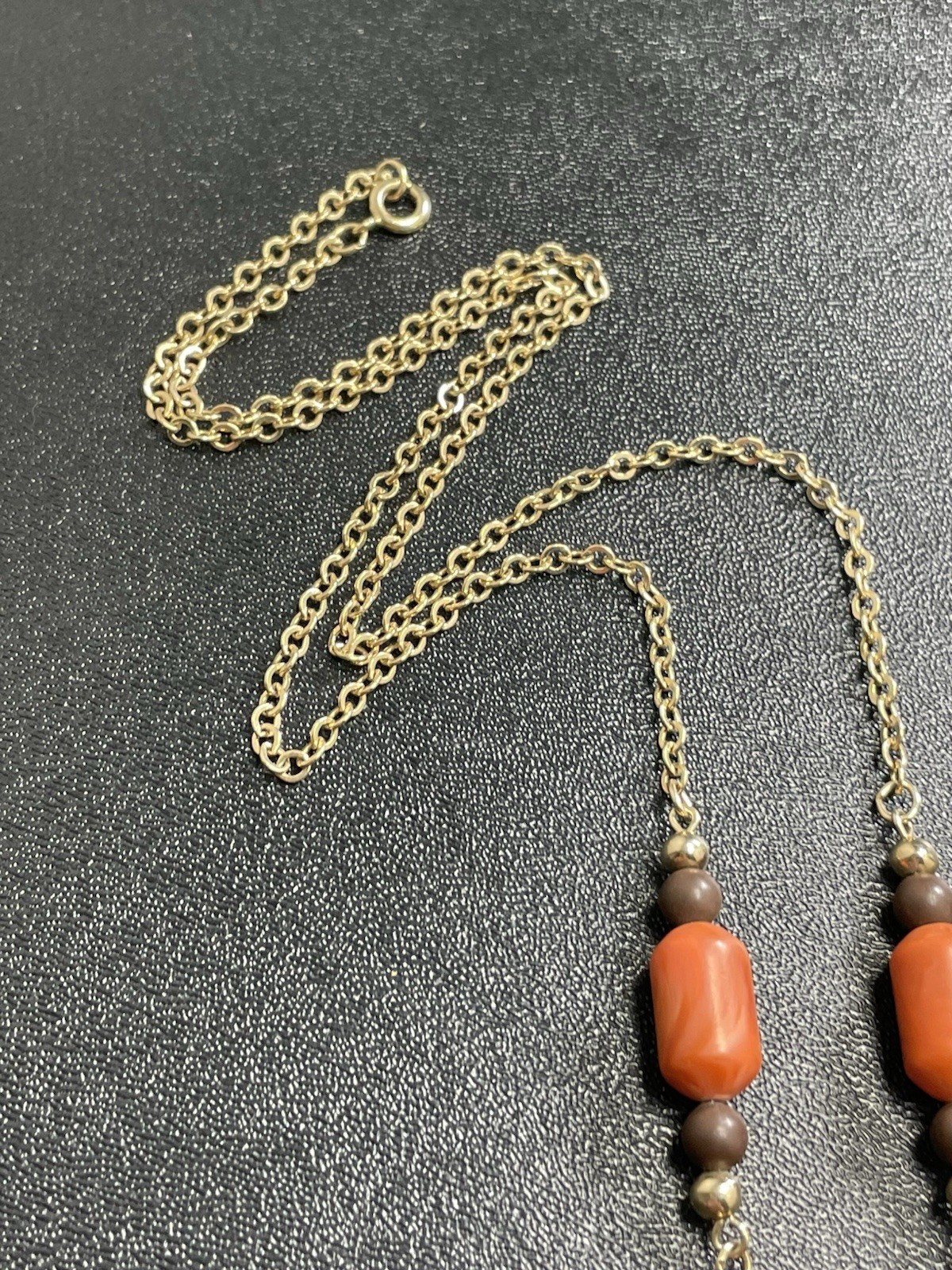 Vintage Retro 32” Orange & Brown Lucite Beaded Gold Tone Chain Necklace