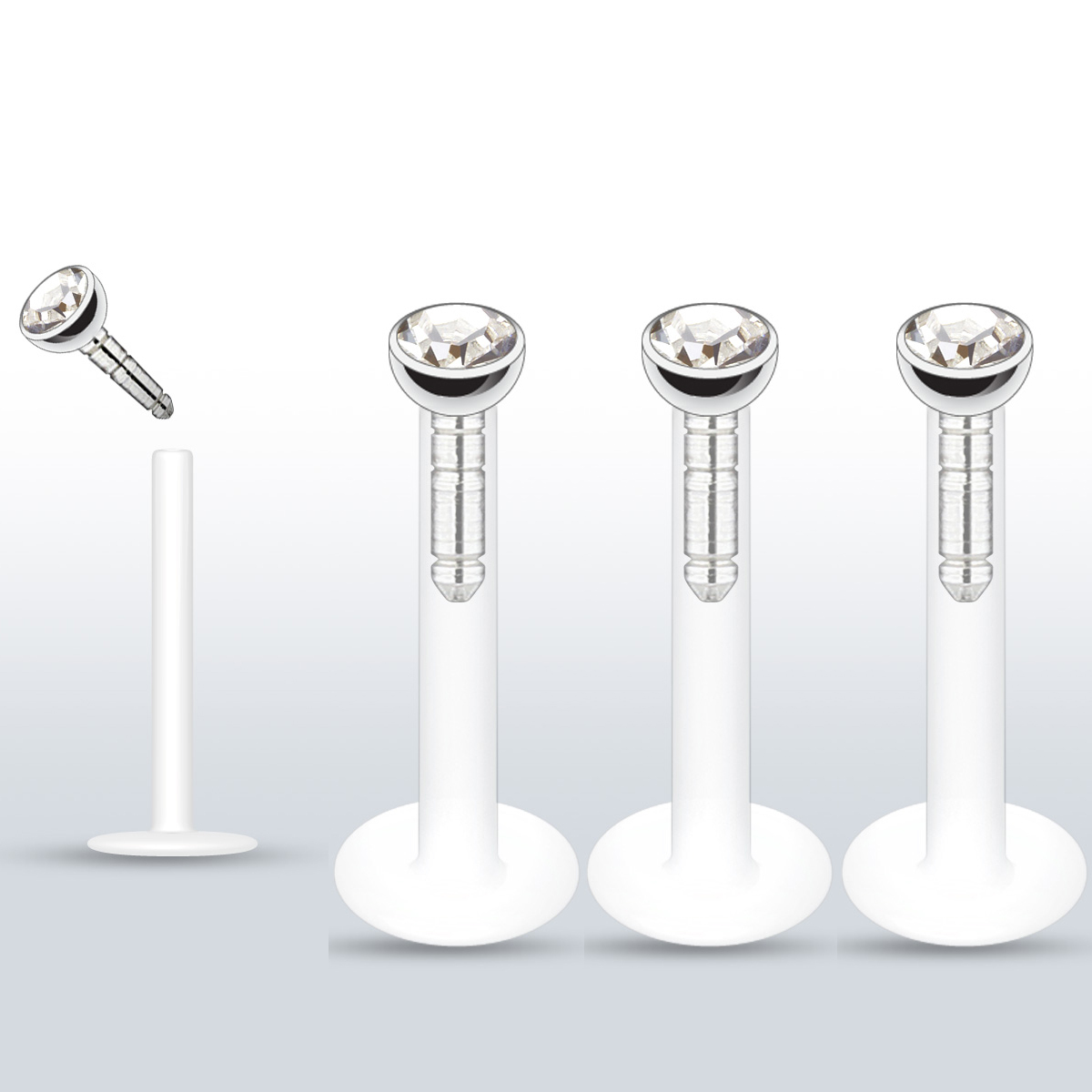 3 Pc Press Fit 2mm Clear CZ Bioflex Push In Stud Lip Labret Monroe Piercing 16g