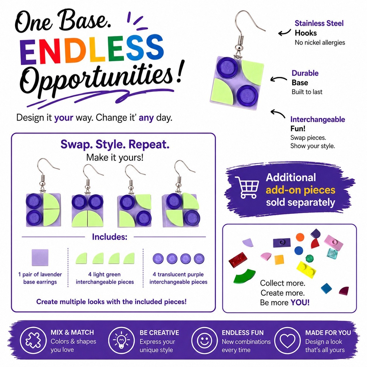 Interchangeable Building Brick Earrings Lavender Base w/ Purple & Green Pieces