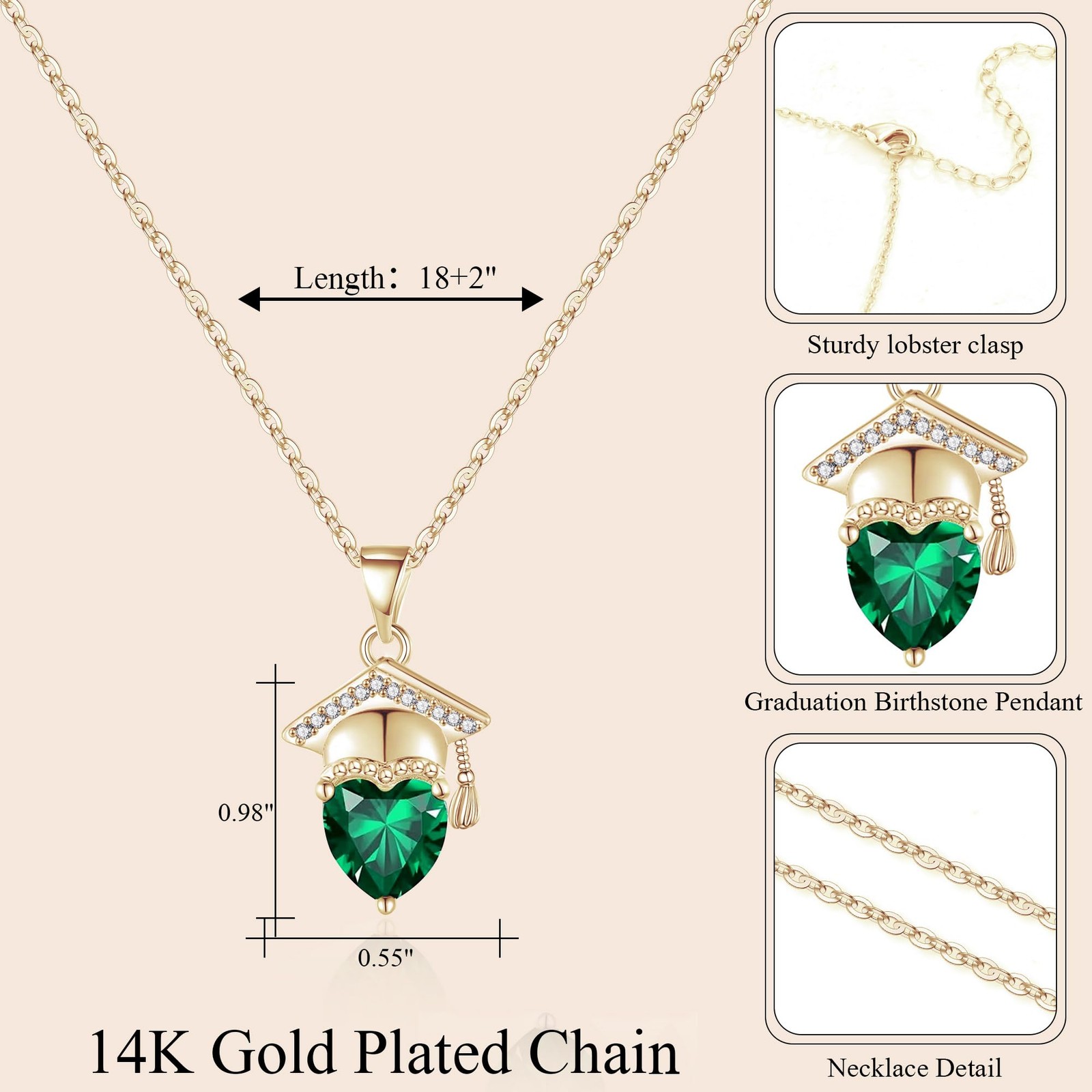 2026 Graduation Gift Birthstone Necklace Gold High School College Jewelry
