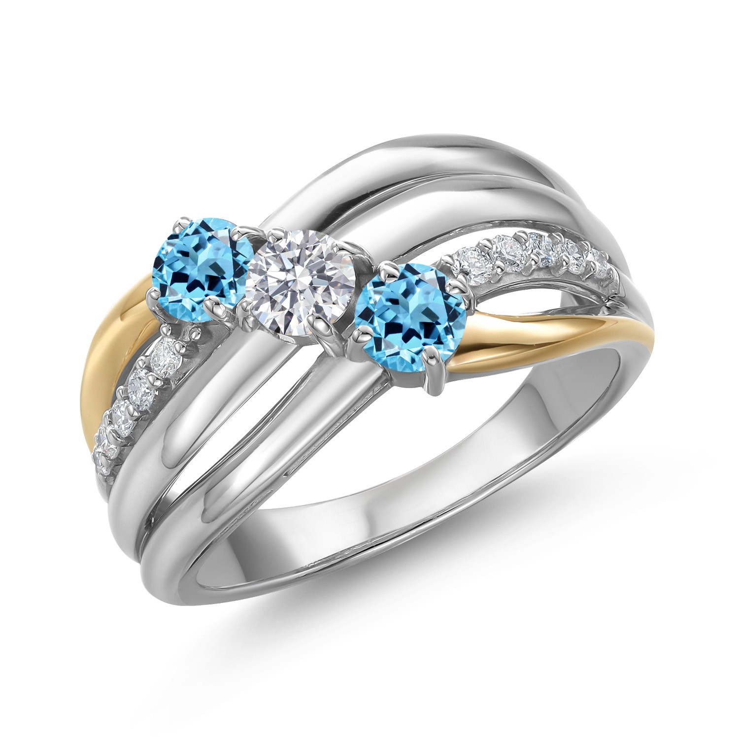 925 Silver and 10K Yellow Gold Swiss Blue Topaz and Lab Grown Diamond