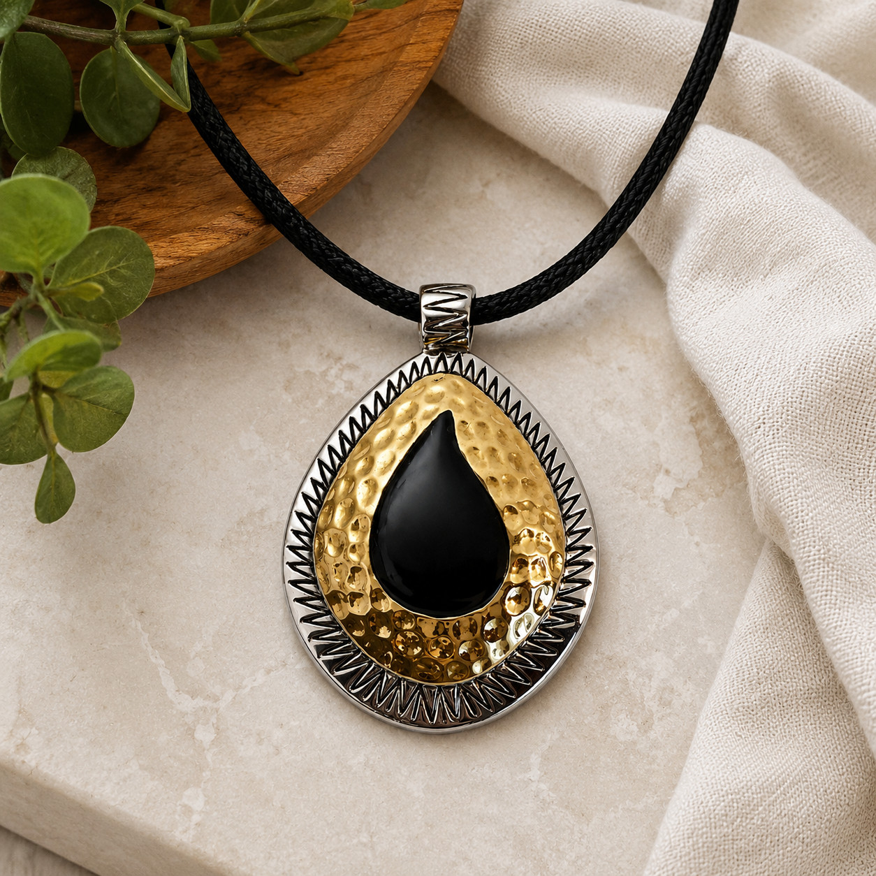 Lia Sophia Black Teardrop Slide Pendant Silver Gold Tone Hammered Statement Piec