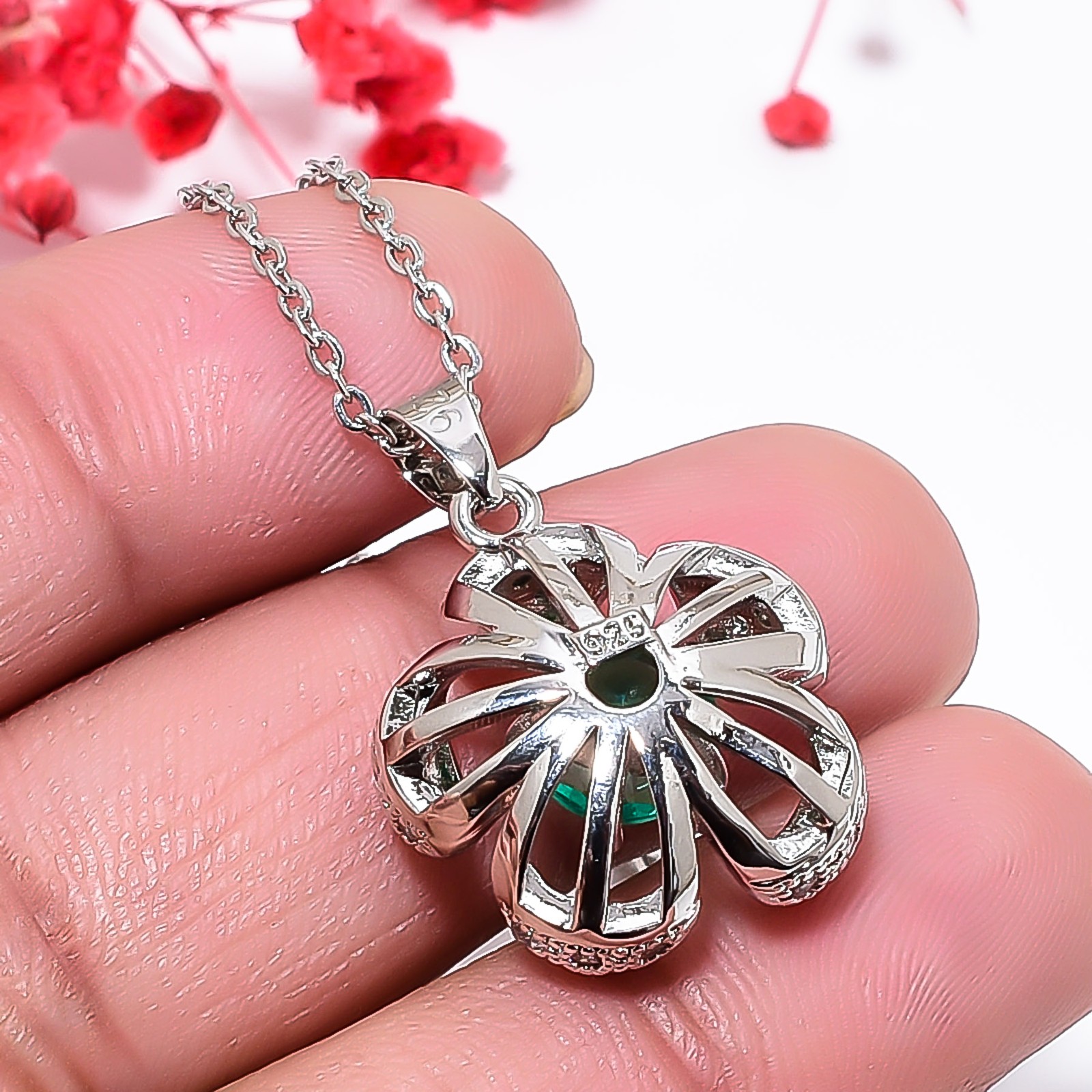 Apatite & Cz 925 Sterling Silver Floral Pendant With Chain 18-20″ CP161322