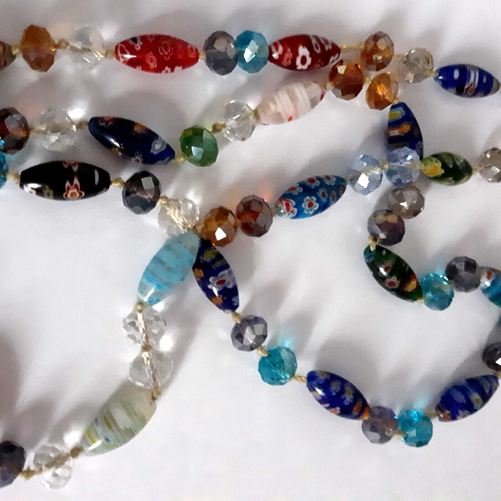 VTG Millefiori Style Art Glass Beads & Crystals Hand Knotted 25″ Stand Overhead