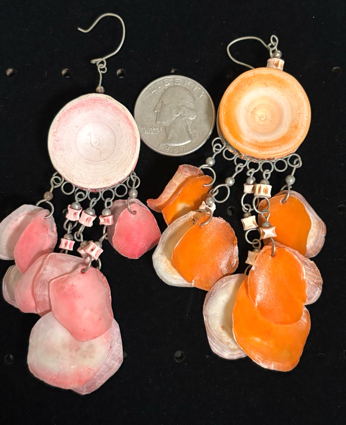 Shell Dangle Disc Fringe Hippie Boho Pink/Orange Silver Tone Earrings 3.75in