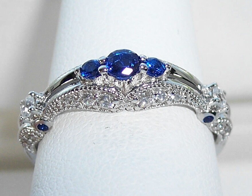 Blue Spinel Filigree Ring Cubic Zirconia 925 Sterling Silver Antique Style
