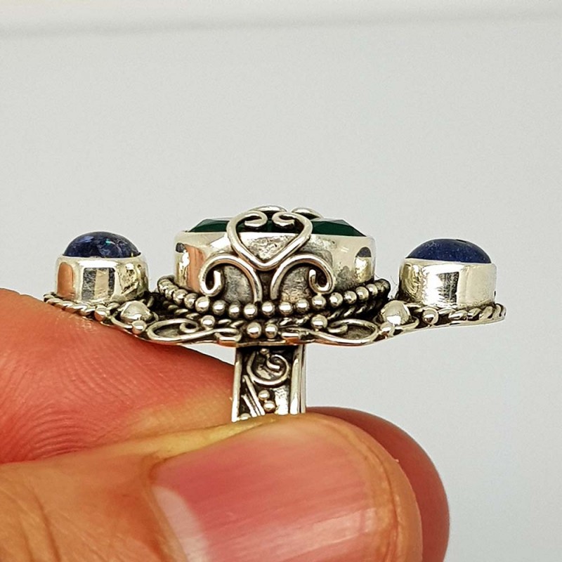 43 Carats Premium Natural Tanzanite And Onyx 925 Silver Ring