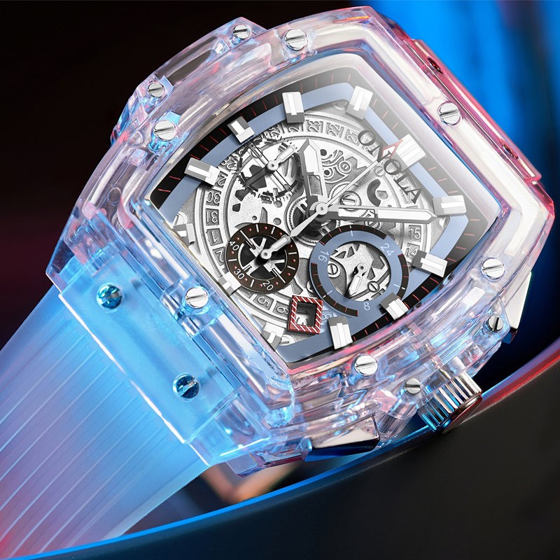 Luminescent men’s watch with transparent case