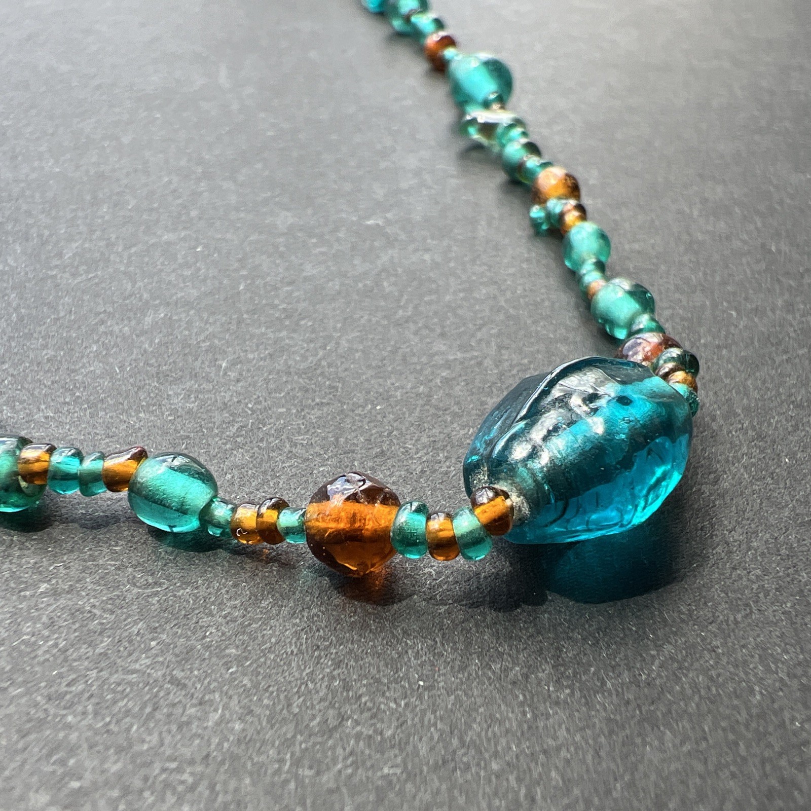 Vintage Amber Turquoise Glass Bead Necklace 28”