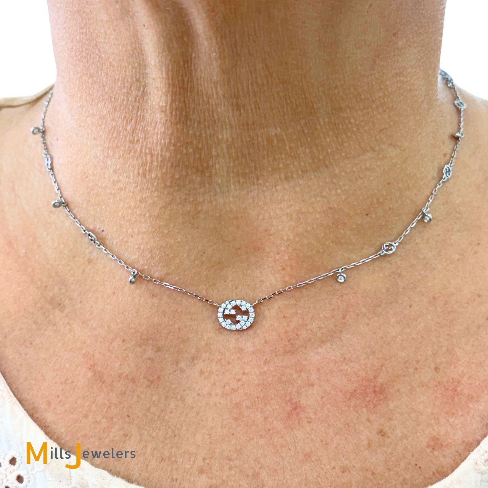 18K White Gold Gucci Interlocking G 0.27ctw Diamond Station Necklace 16″