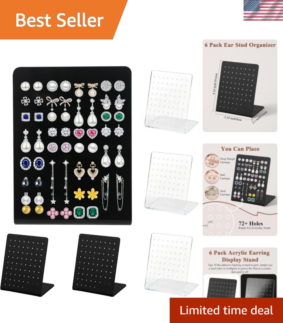 6 Pack 72 Hole Acrylic Earring Display Stand, Stud Earring Holder Set In Blac…