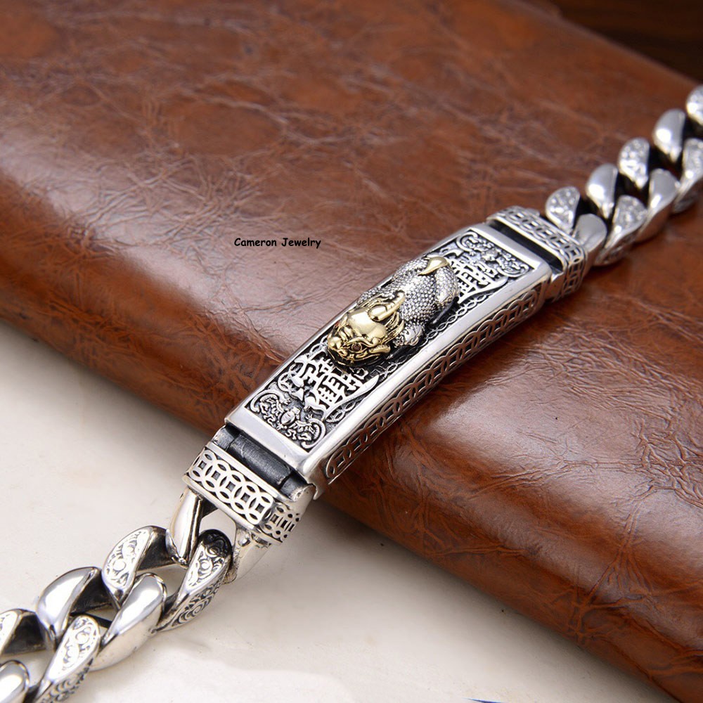 Pure S925 Sterling Silver Chain 11mm Wealth Pixiu Curb Link Bracelet 7-8.7in