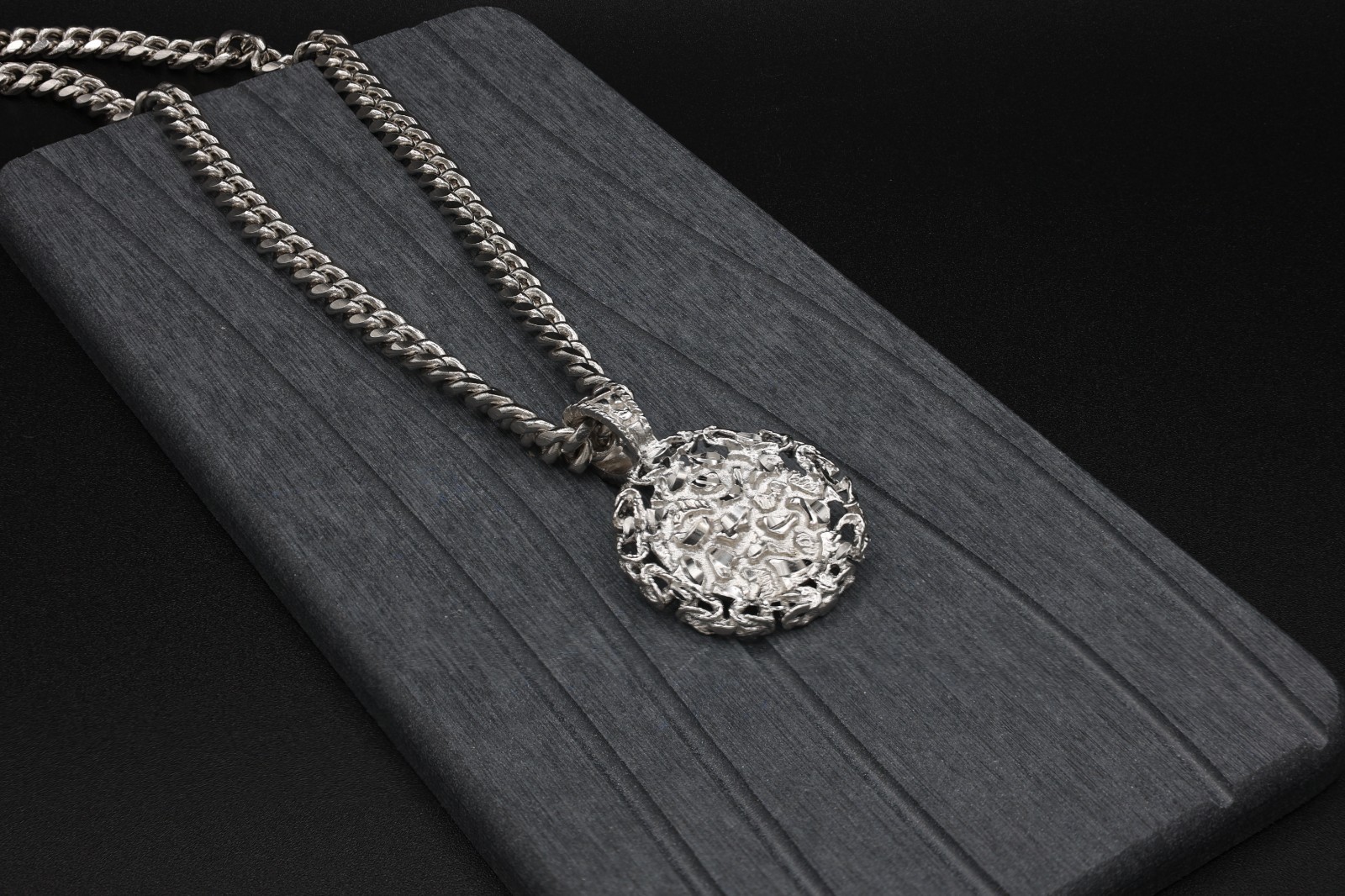 Large Silver Nugget Necklace 7mm Curb Chain Rhodium Plated For Men