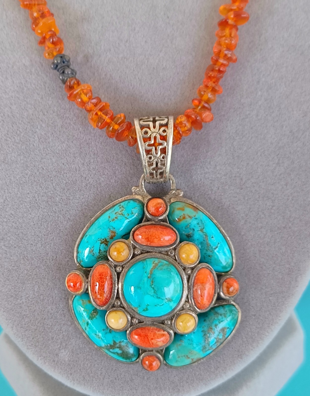 Vtg Barse Sterling Silver Turquoise Pendant Amber Bead Necklace