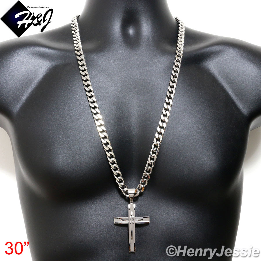 18″-40″MEN Stainless Steel 9mm Silver Cuban Curb Chain Necklace Cross Pendant*A