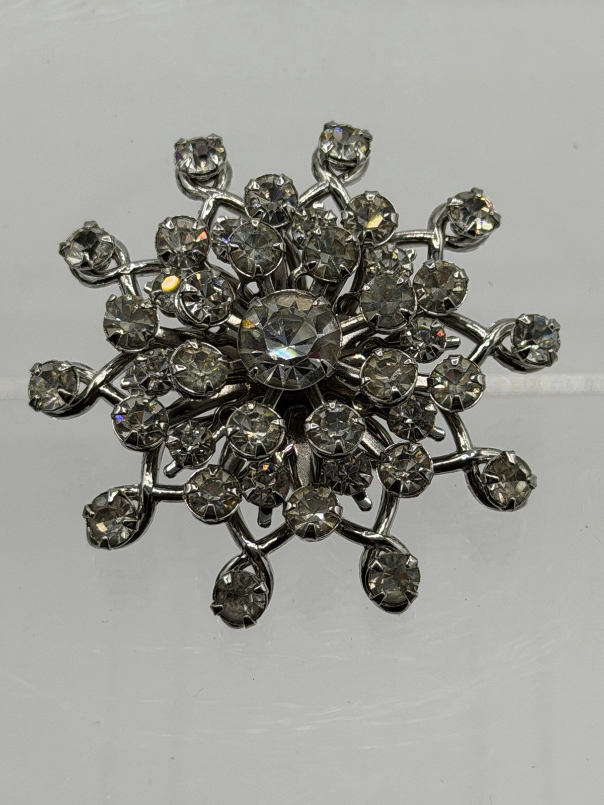 Vtg Sparkling Brooch Pin Snowflake Clear Rhinestones 1.75” Layered Silver Tone