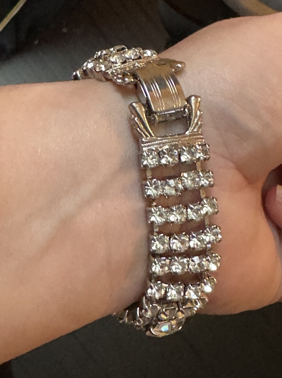 Vintage Weiss? Wide Silver Tone Domed Rhinestone Bracelet 4 Row