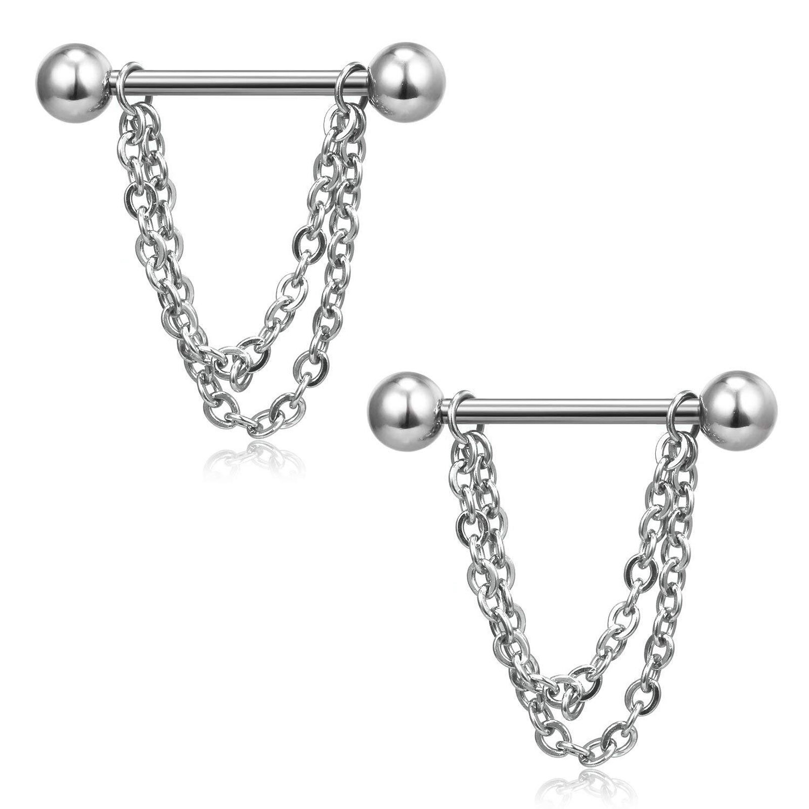 Pair Surgical Steel Nipple Shield Chain Dangle Barbell Straight Tongue Rings 14G