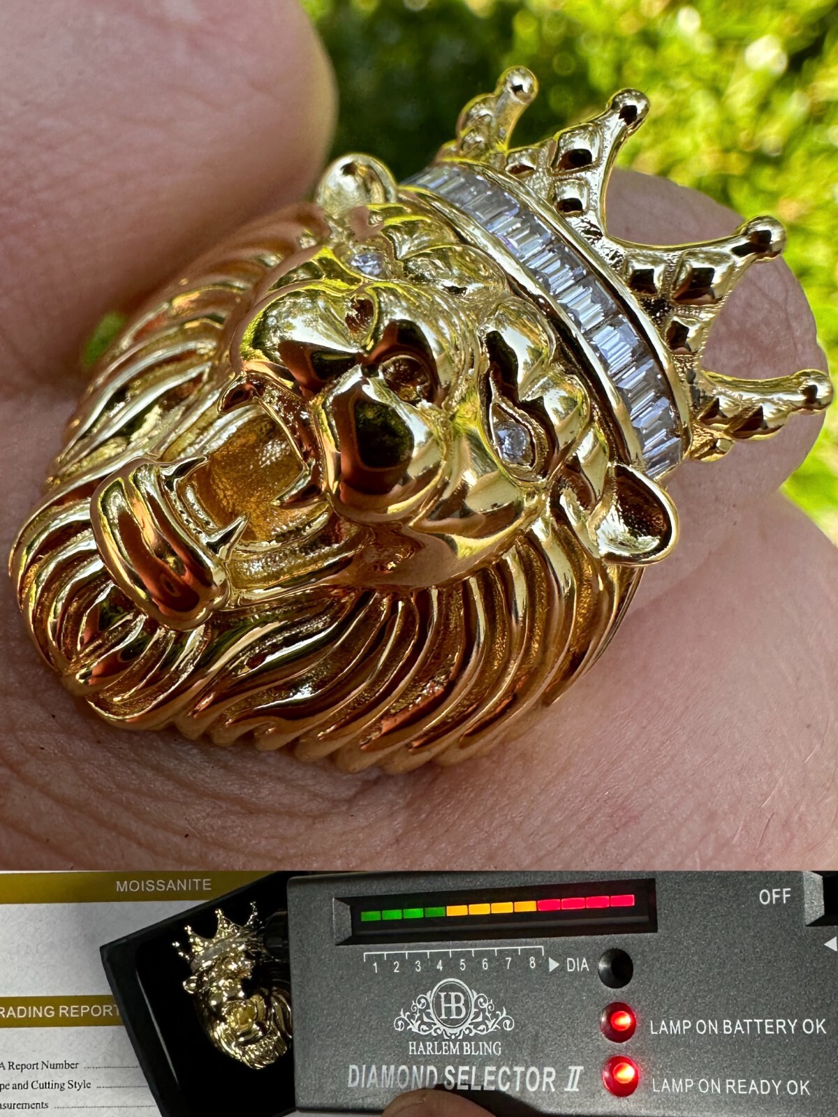 Lion W. Moissanite Baguette Crown 3D Mens Ring – 14k Gold Over Real 925 Silver