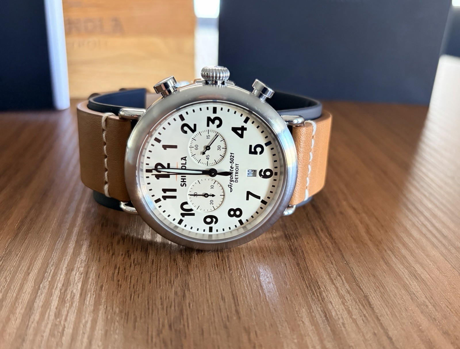 Shinola Runwell Argonite-5021 Chronograph Quartz Cream Dial Brown Leather Strap