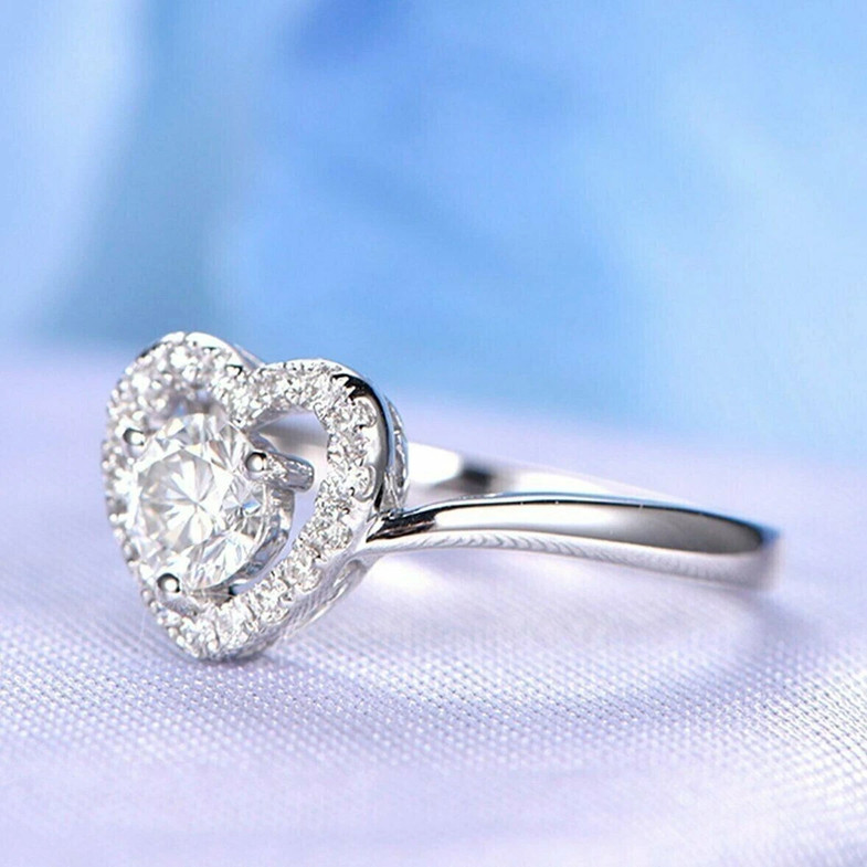Round Cut VVS1 Moissanite Halo Women Engagement Ring 14K White Gold Plated