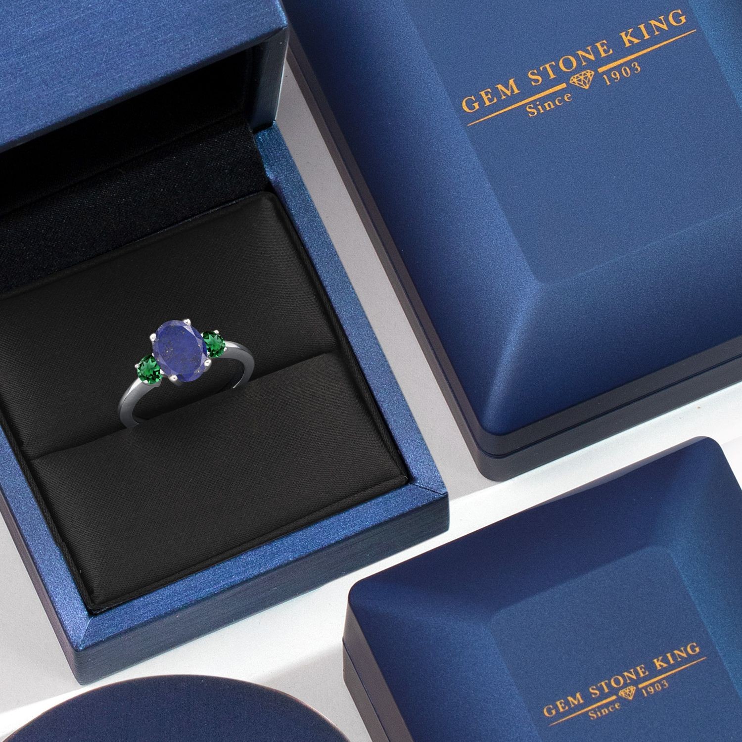 925 Sterling Silver Blue Lapis and Nano Emerald Engagement Ring For Women |