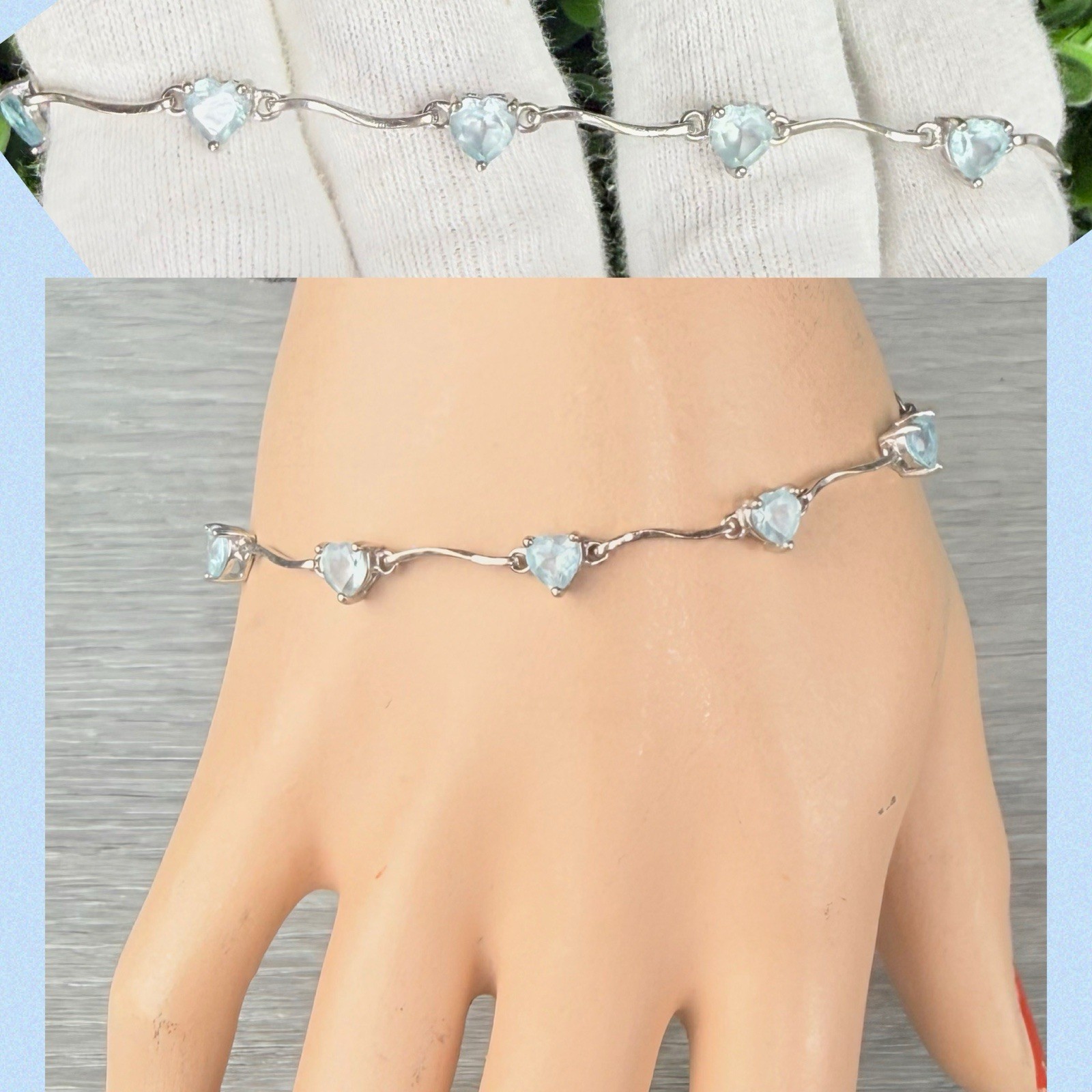 Sterling Silver 925 & Blue Topaz Heart Station Tennis Link Chain Bracelet