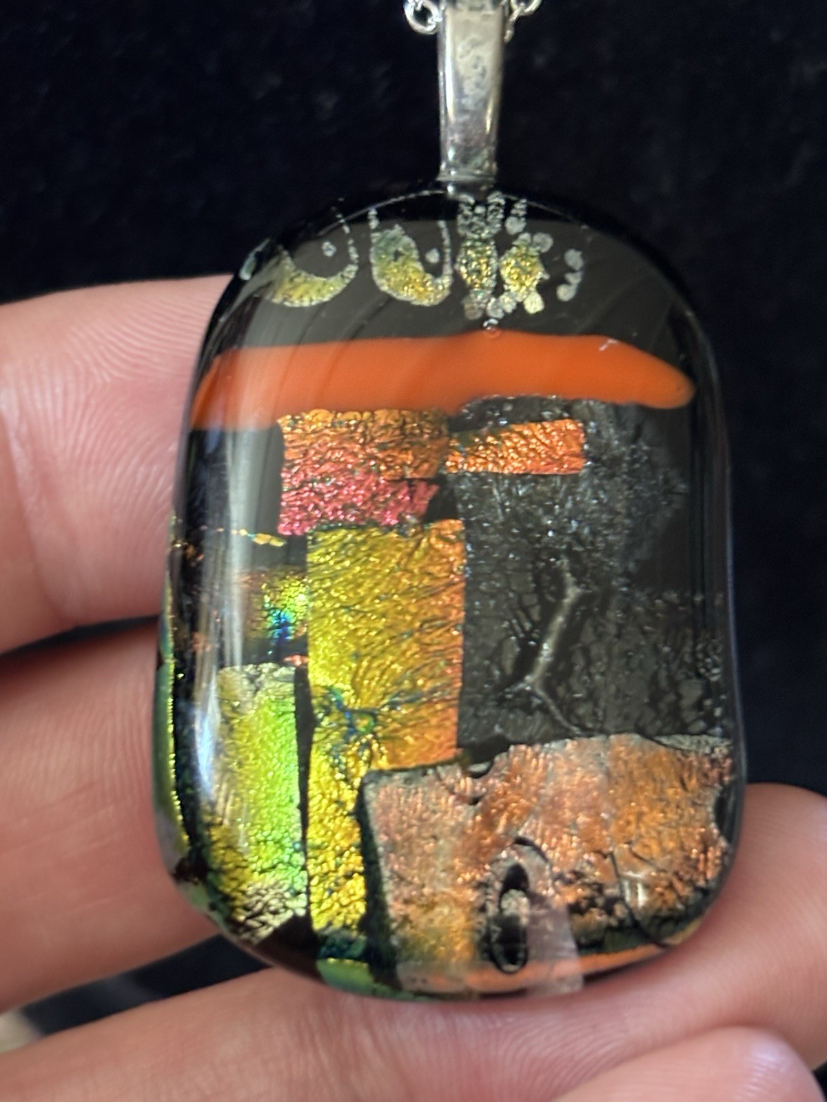 Handmade Dichroic Fused Art Glass Pendant Necklace Black Multicolour Abstract