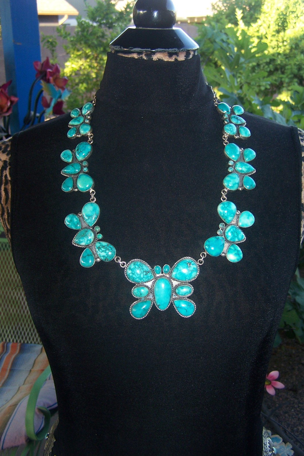 Southwestern Silver Butterfly Turquoise Cluster Squash Blossom Lariat Necklace