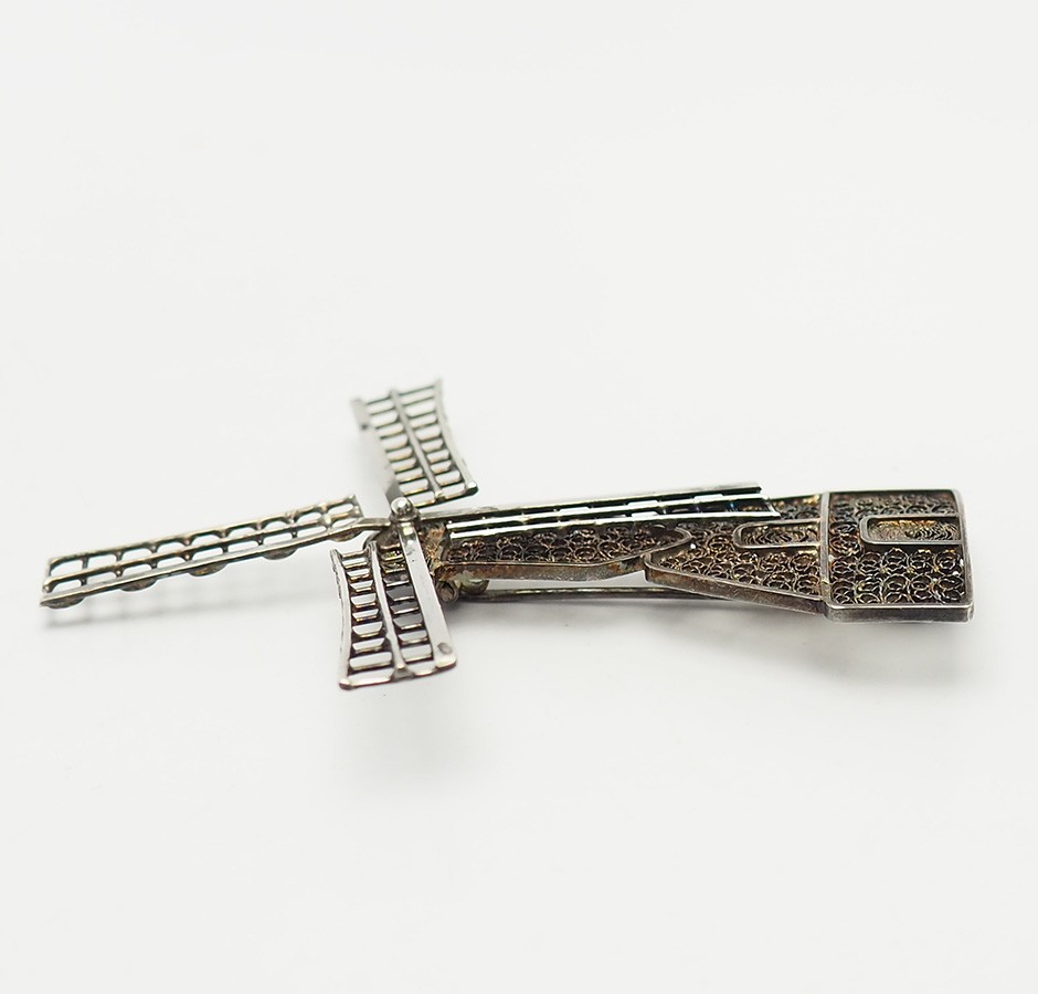 Large antique filigree sterling silver articulated Windmill pin The Netherlands