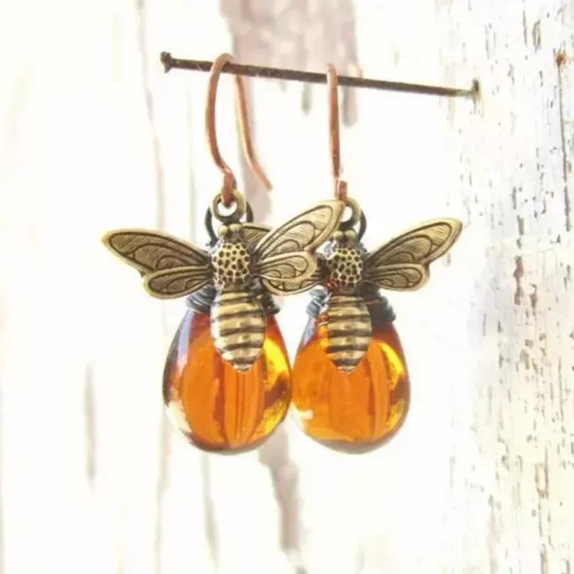Vintage Bee Earrings Women Gold Amber Drop Dangle Boho Antique Style Gift
