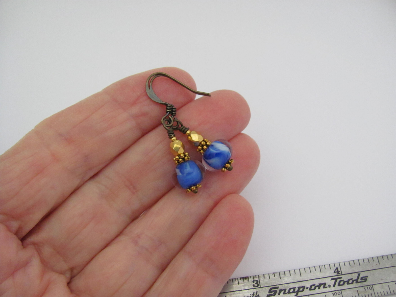 Blue White Earrings Lampwork Glass Antiqued Brass Dainty Boho Chic