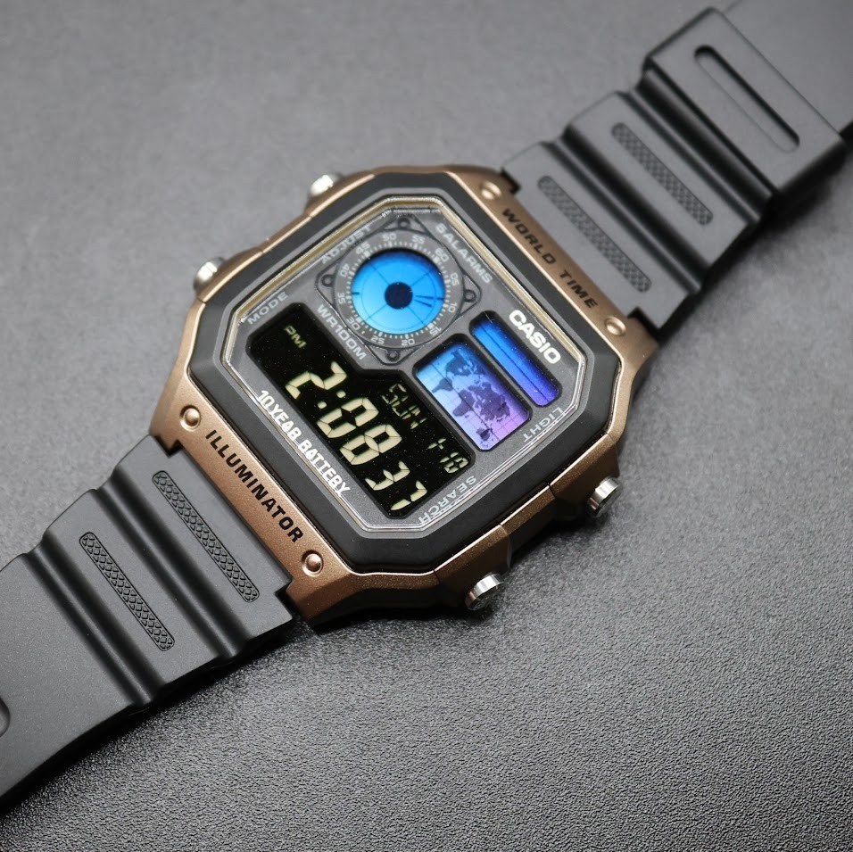 CASIO AE-1200WHD. Royale World Time Watch Mod. Blue Filter. Negative Display
