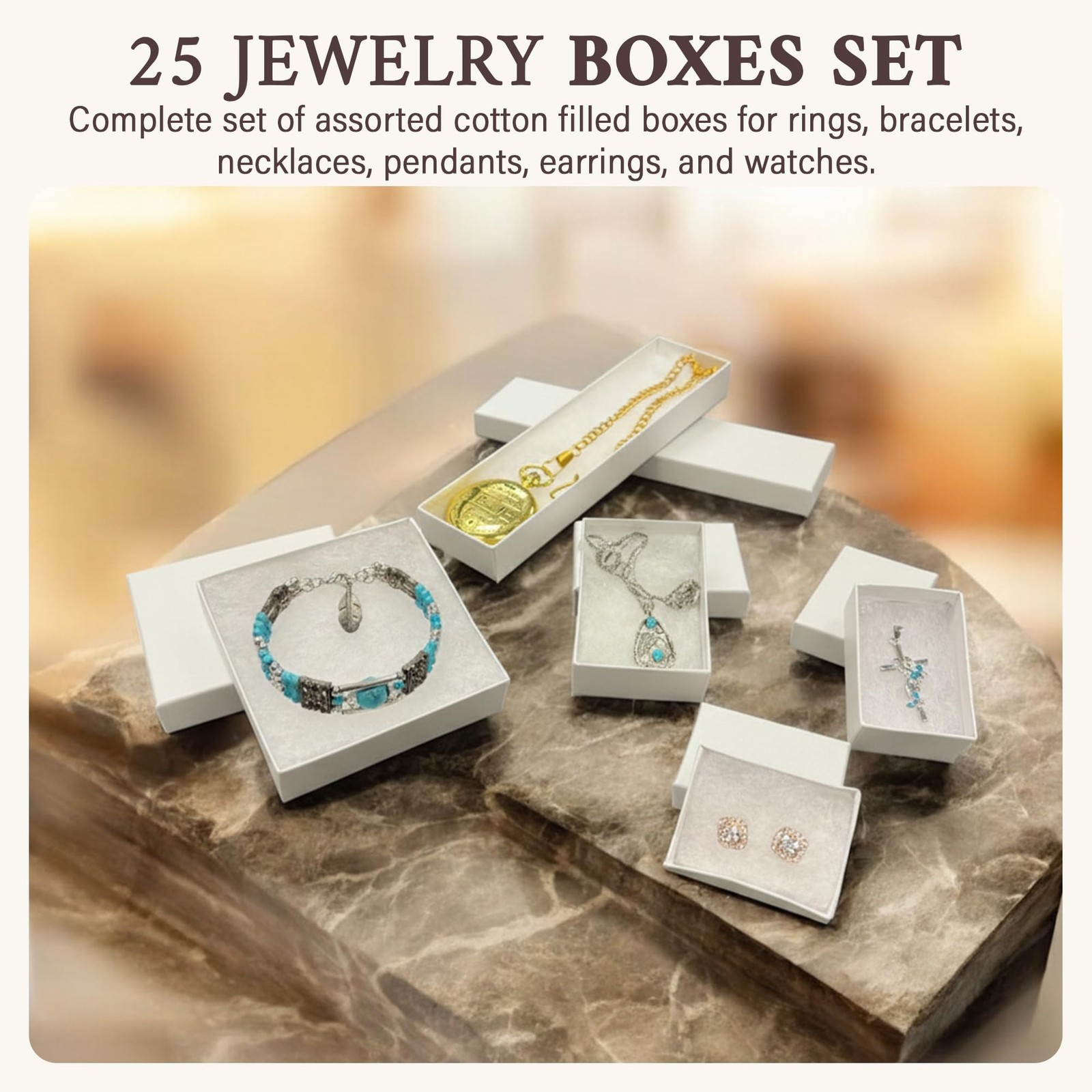 -25 Pack Jewelry Boxes Cotton Filled Assorted Mixed Gift Set for Ring, Pendan…
