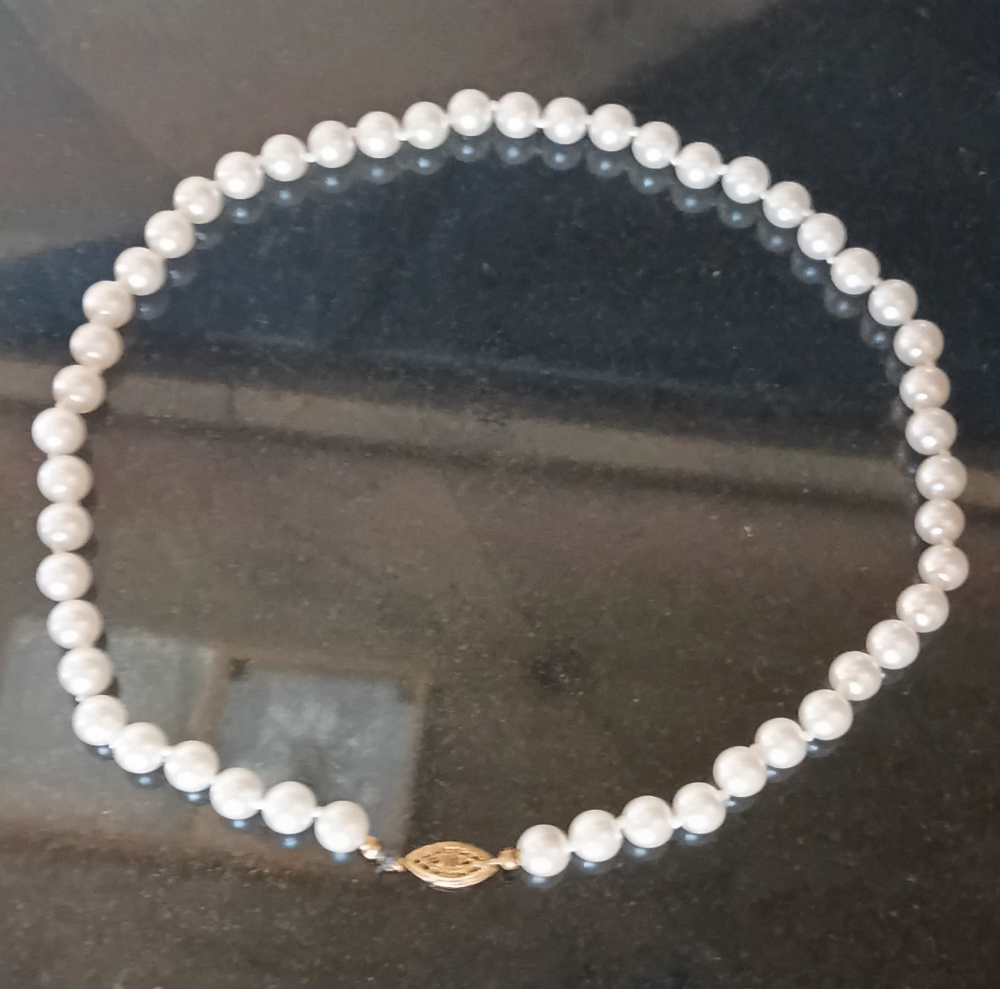 White Round Pearl Beaded Strand Necklace, Yellow Gold Tone Fish Hook Clasp
