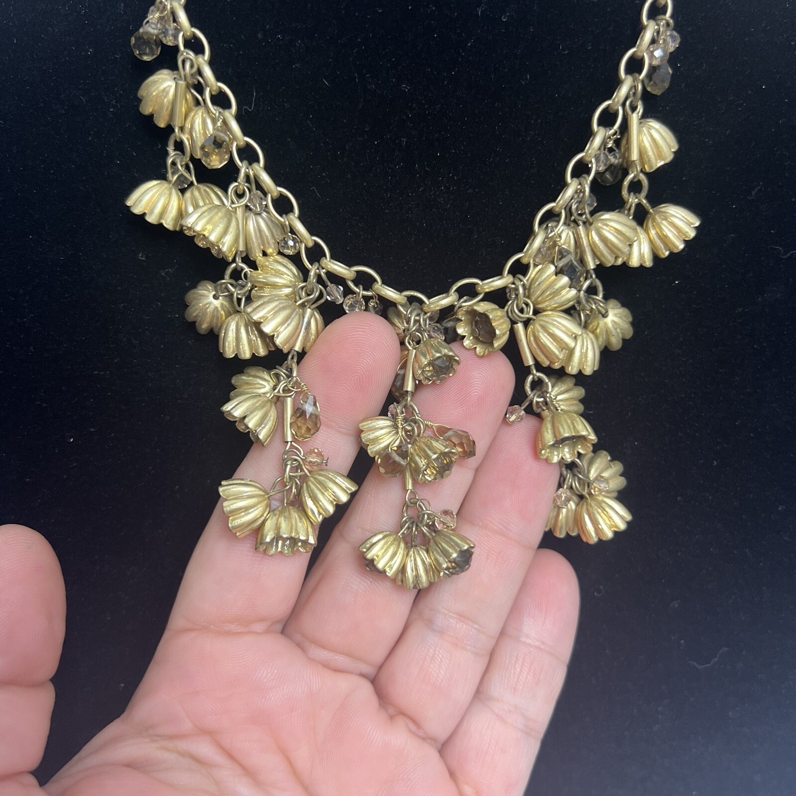 Ann Taylor Crystal Floral Drop Tiered Necklace Antique Gold Tone Flower Bells