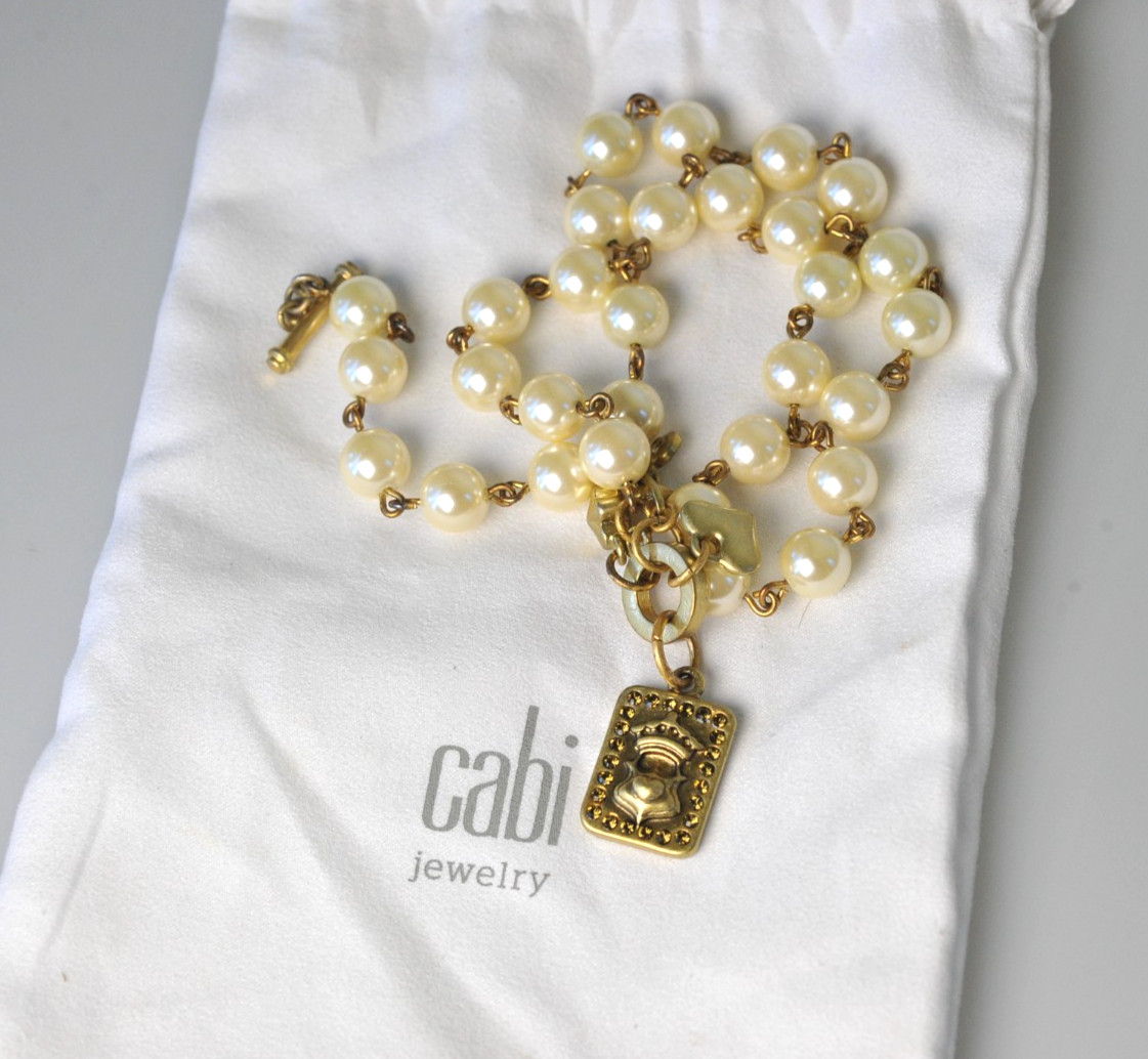 CAbi Necklace Gold Tone Rhinestone Faux Pearl charms dangle statement A