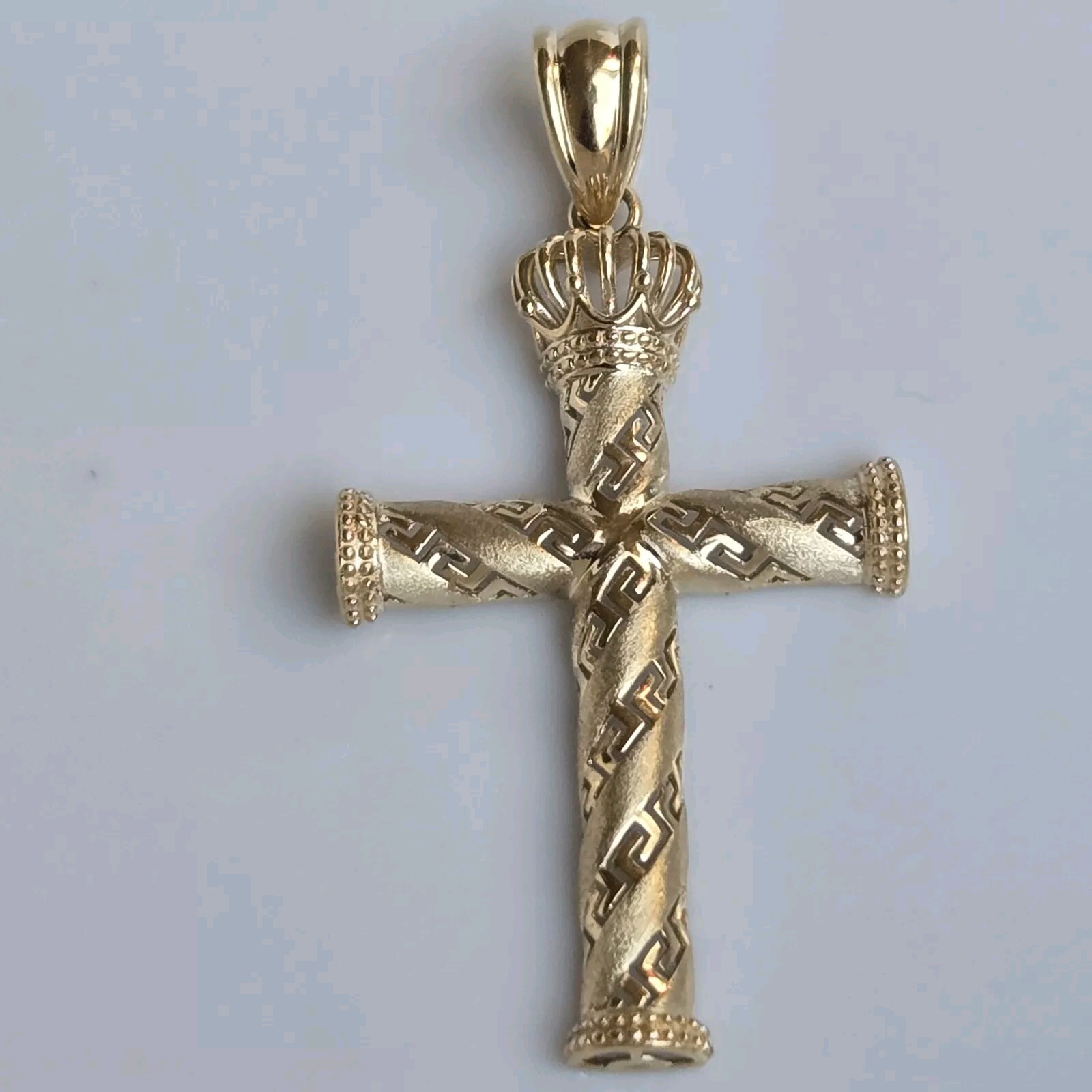 10k Gold Crown Cross Pendant Charm 1.95 inches long Medium Catholic Greek Key