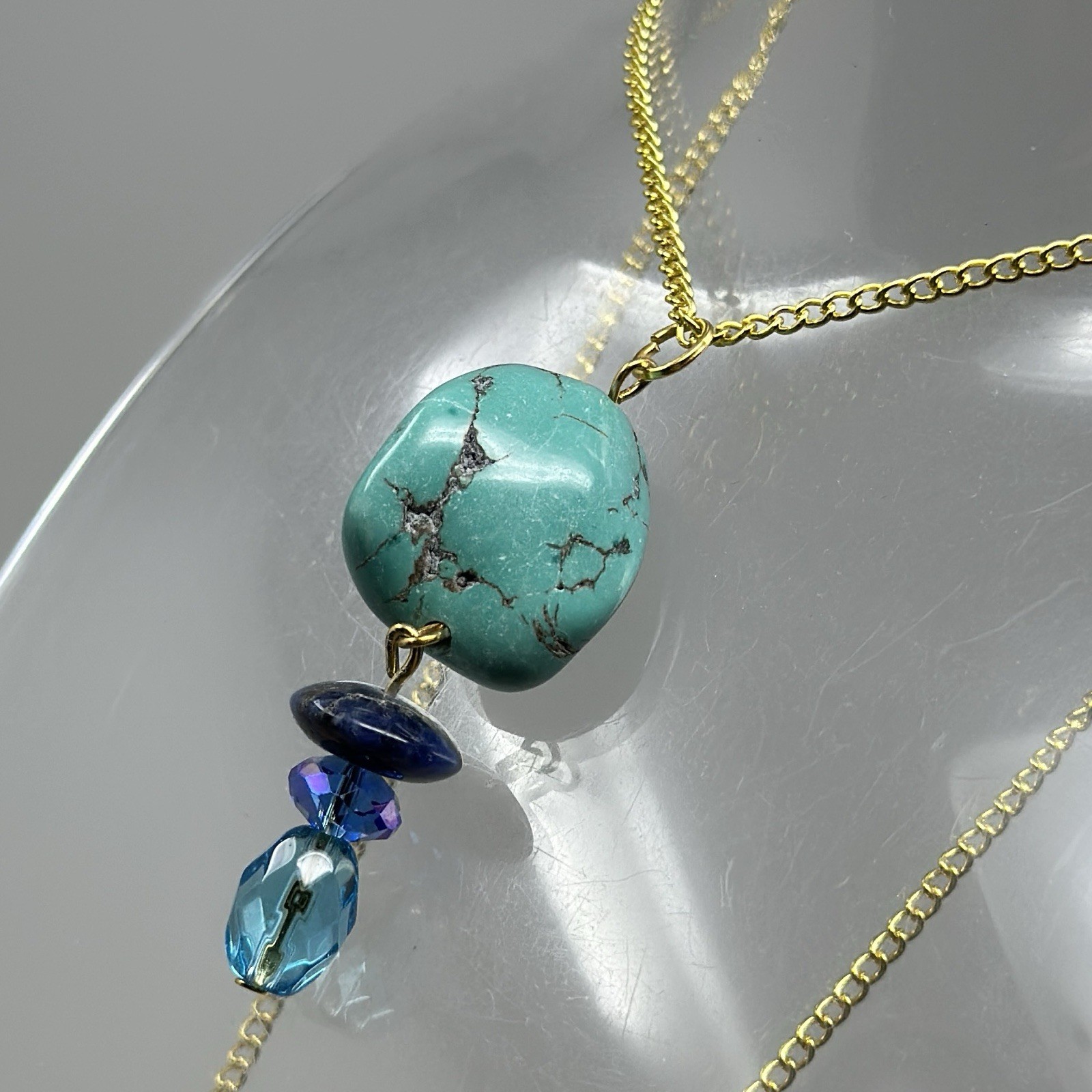 Vintage Turquoise Nuggets Blue Crystal Lapis Lazuli Pendant Gold Tone Necklace