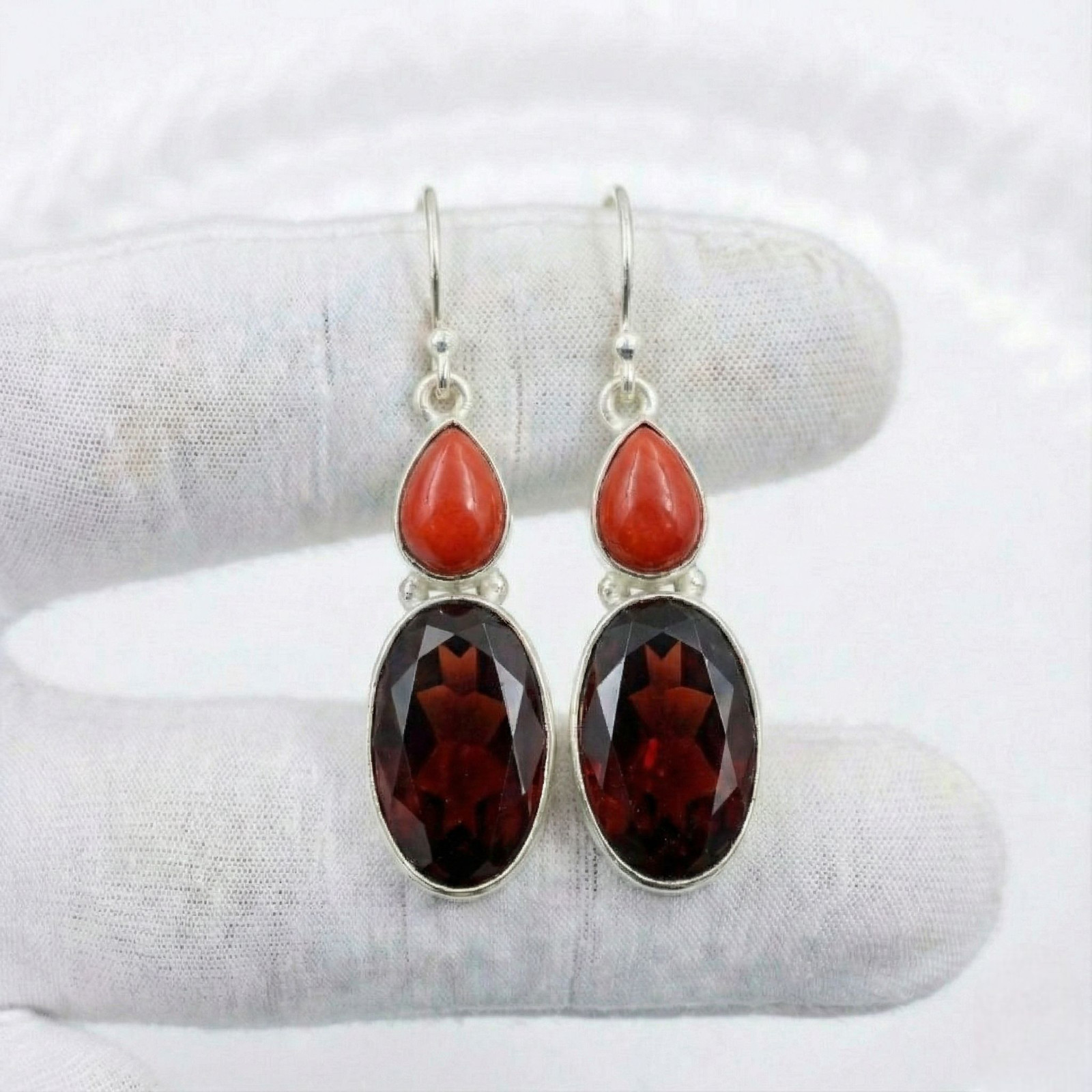 Red Garnet & Red Coral Earrings 925 Sterling Silver Handmade Dangle Earrings