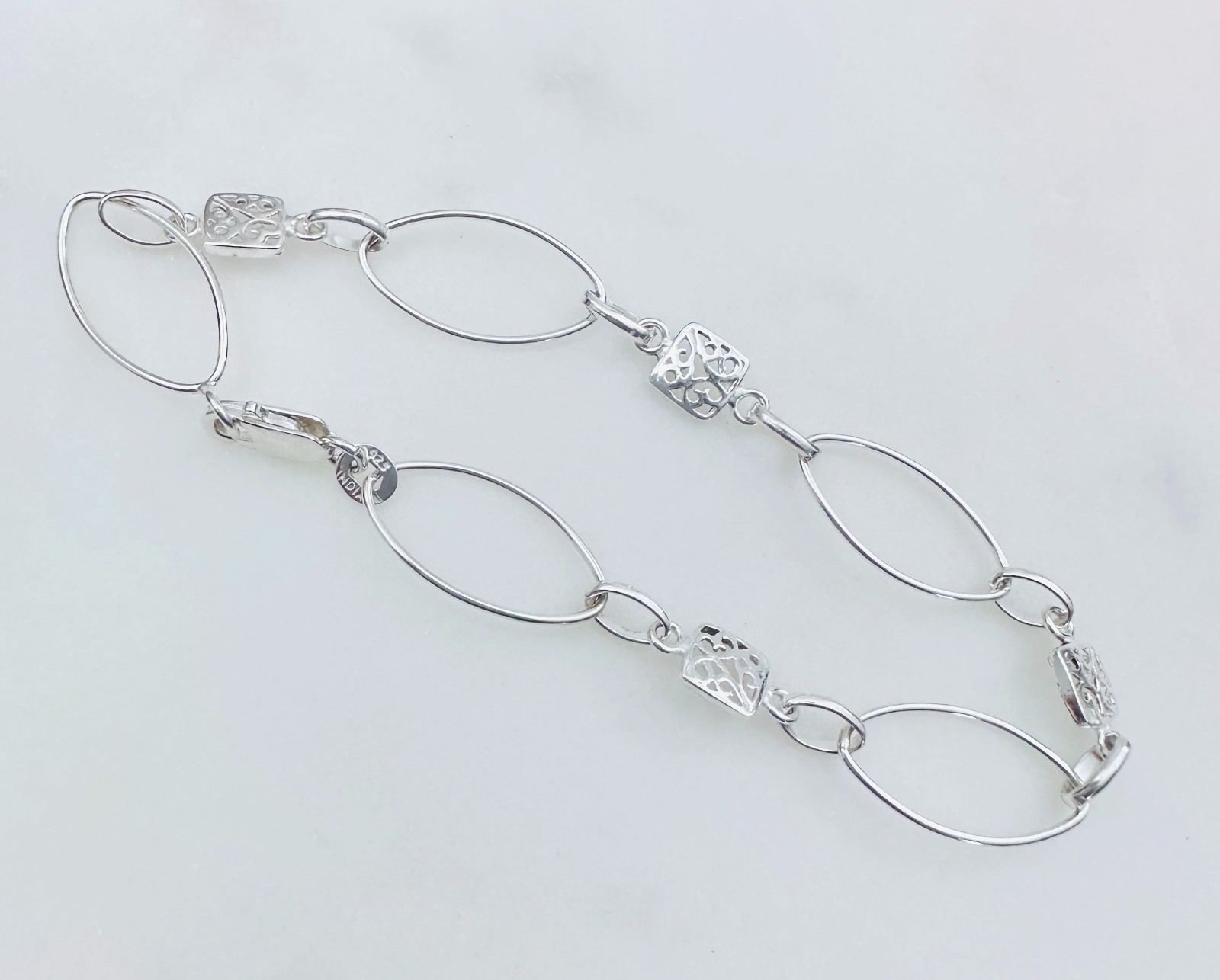 925 Sterling Silver Oval & Square Filigree Links Bracelet 6-10mm, 7 1/4″