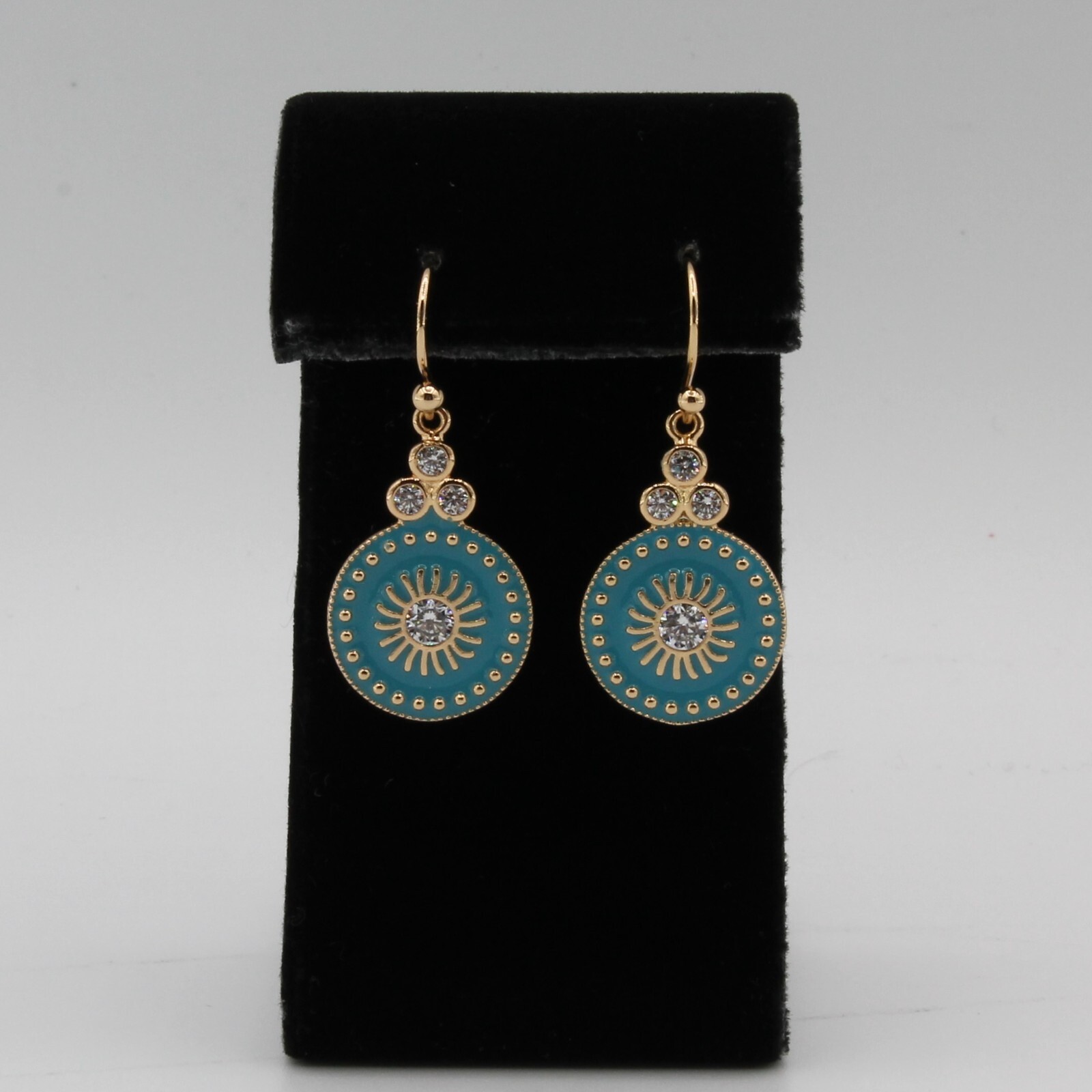 18ct Gold Plated Dangle Ligh Blue Round Hook Earrings With White CZ Non Allergic