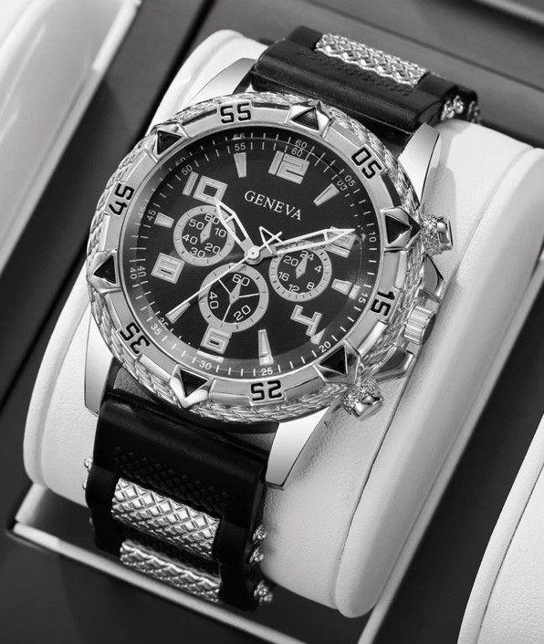 Geneva Men’s Quartz Analog Chronograph Watch Black Silicone Band Black/Gold Dial