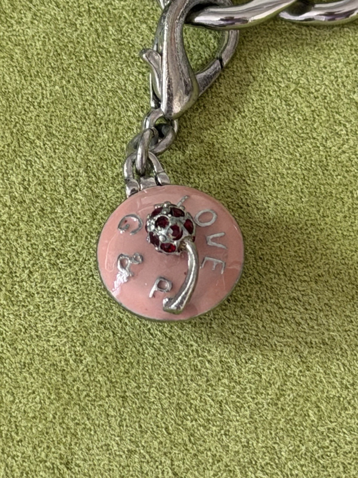 Juicy Couture Signed Silver/Pink Curb Link Charm Bracelet Toggle Crystal Enamel