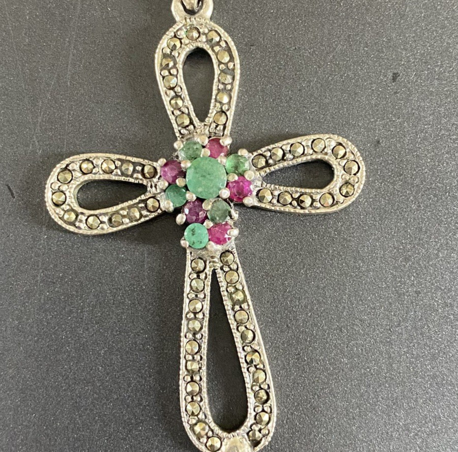 Sterling Silver Cross Pendant Large 925 Emerald Ruby Marcasite Gothic Religious